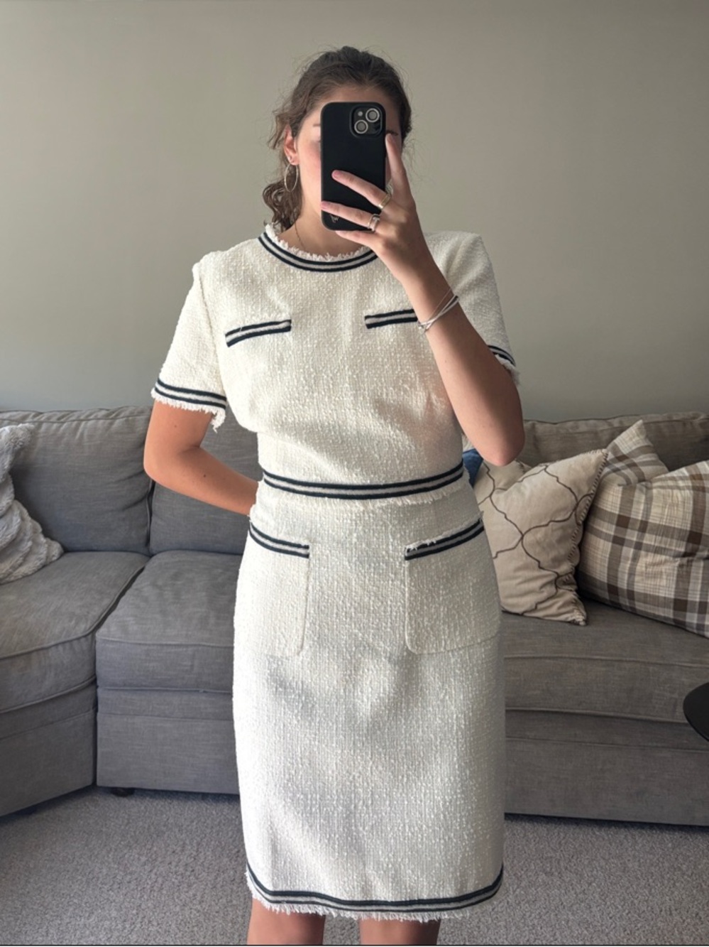 LK Bennett Cream Tweed Midi Dress with Black Trim